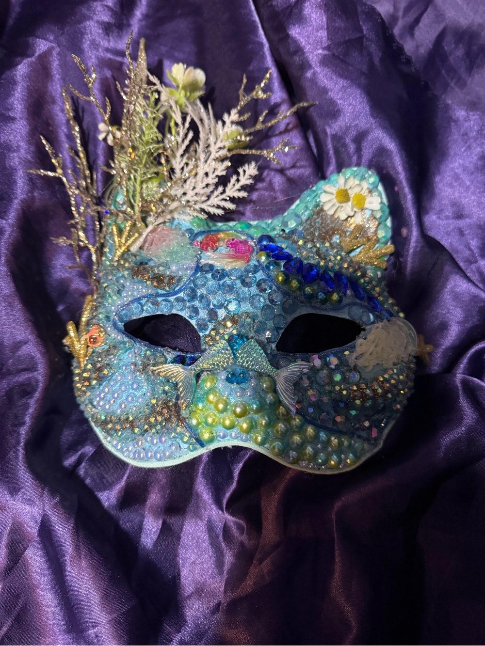 Handcrafted under the sea masquerade Cat Mask with Pearlescent Embellishments